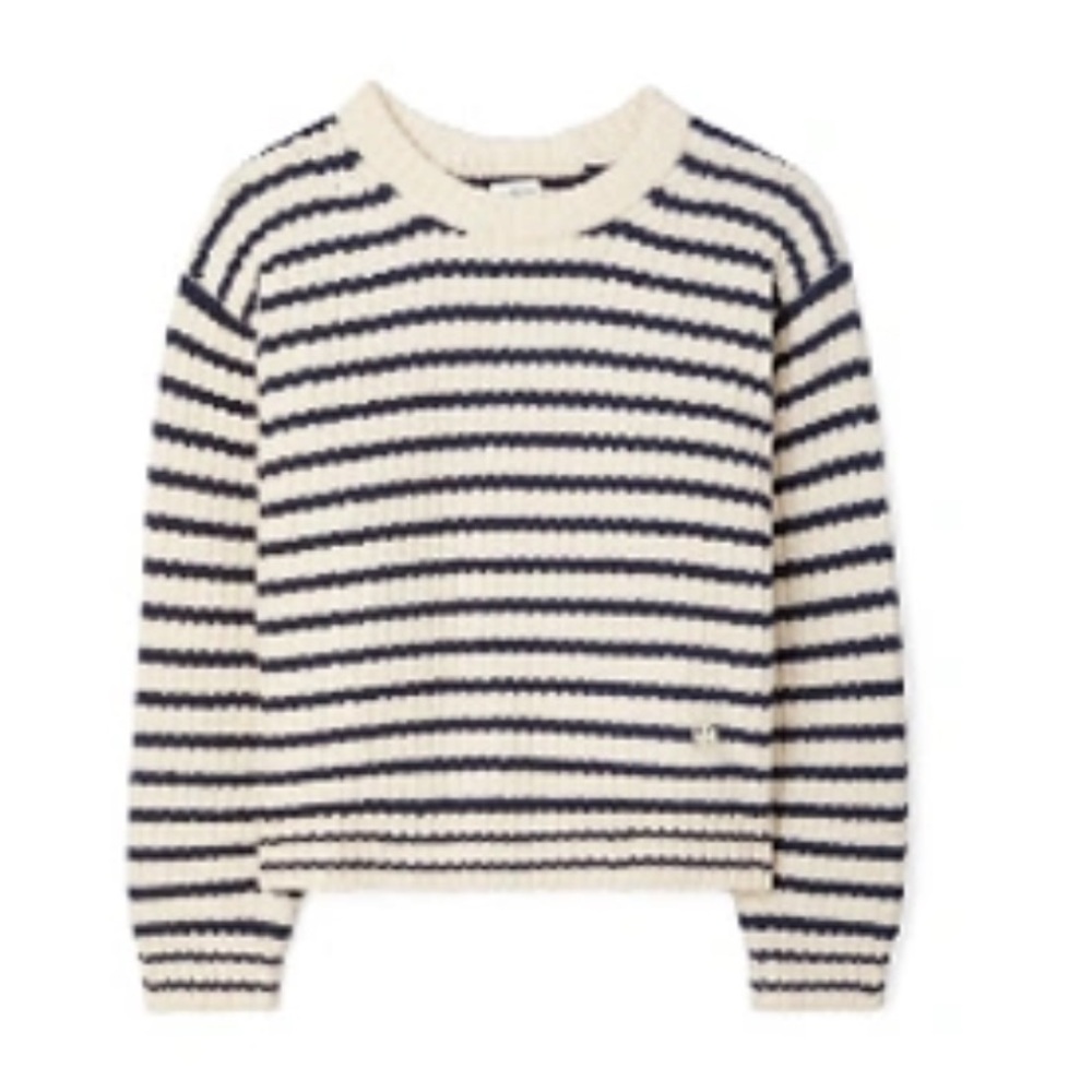 Tory Sport by Tory Burch Merino Wool Navy and Cream Striped Sweater NWT Small
